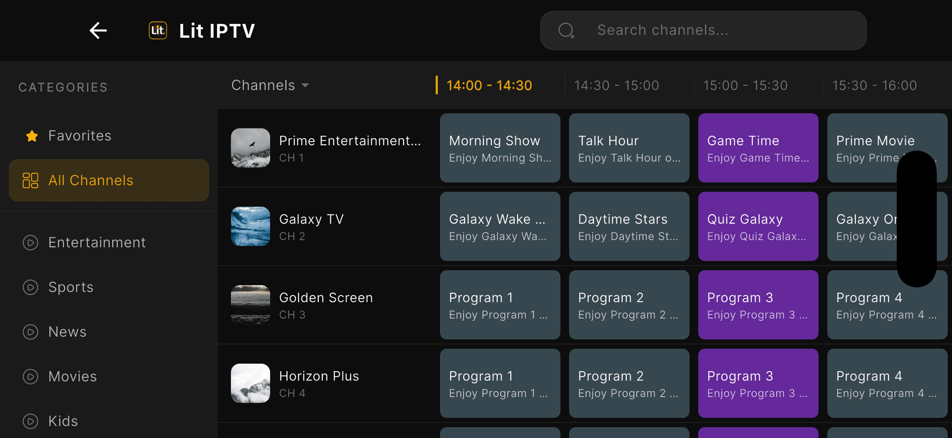 Electronic program guide with channel timeline