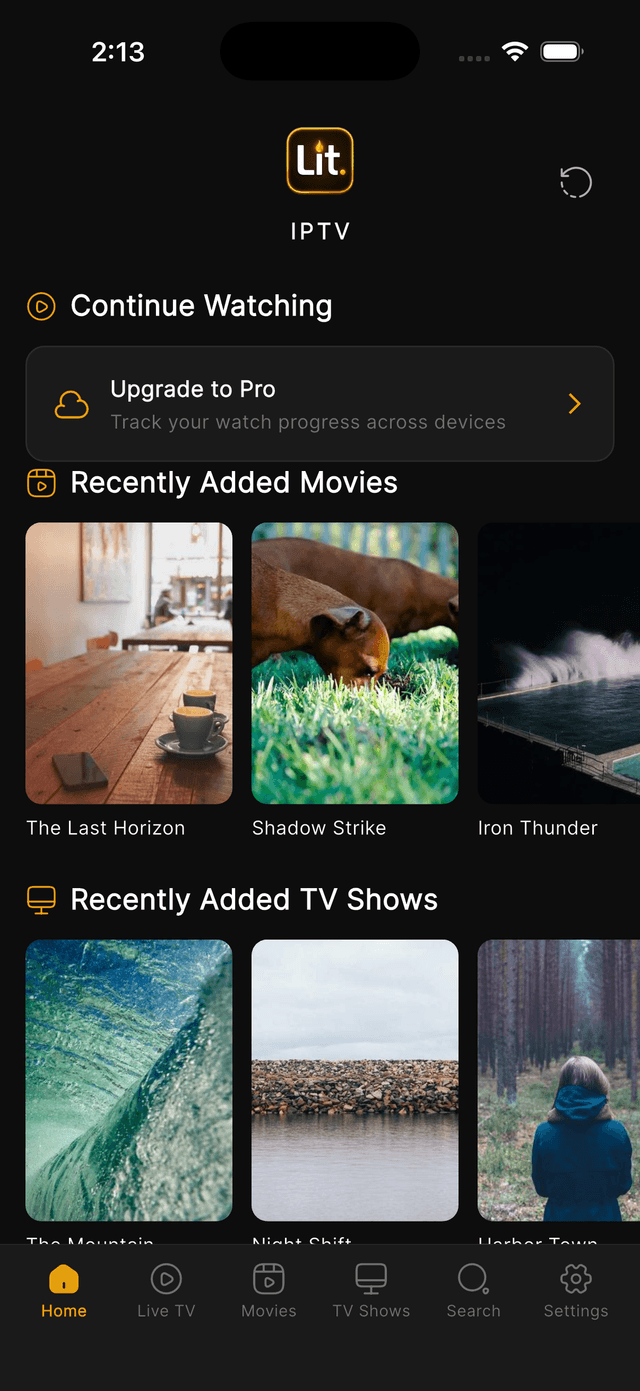 Lit IPTV home screen with movies and TV shows