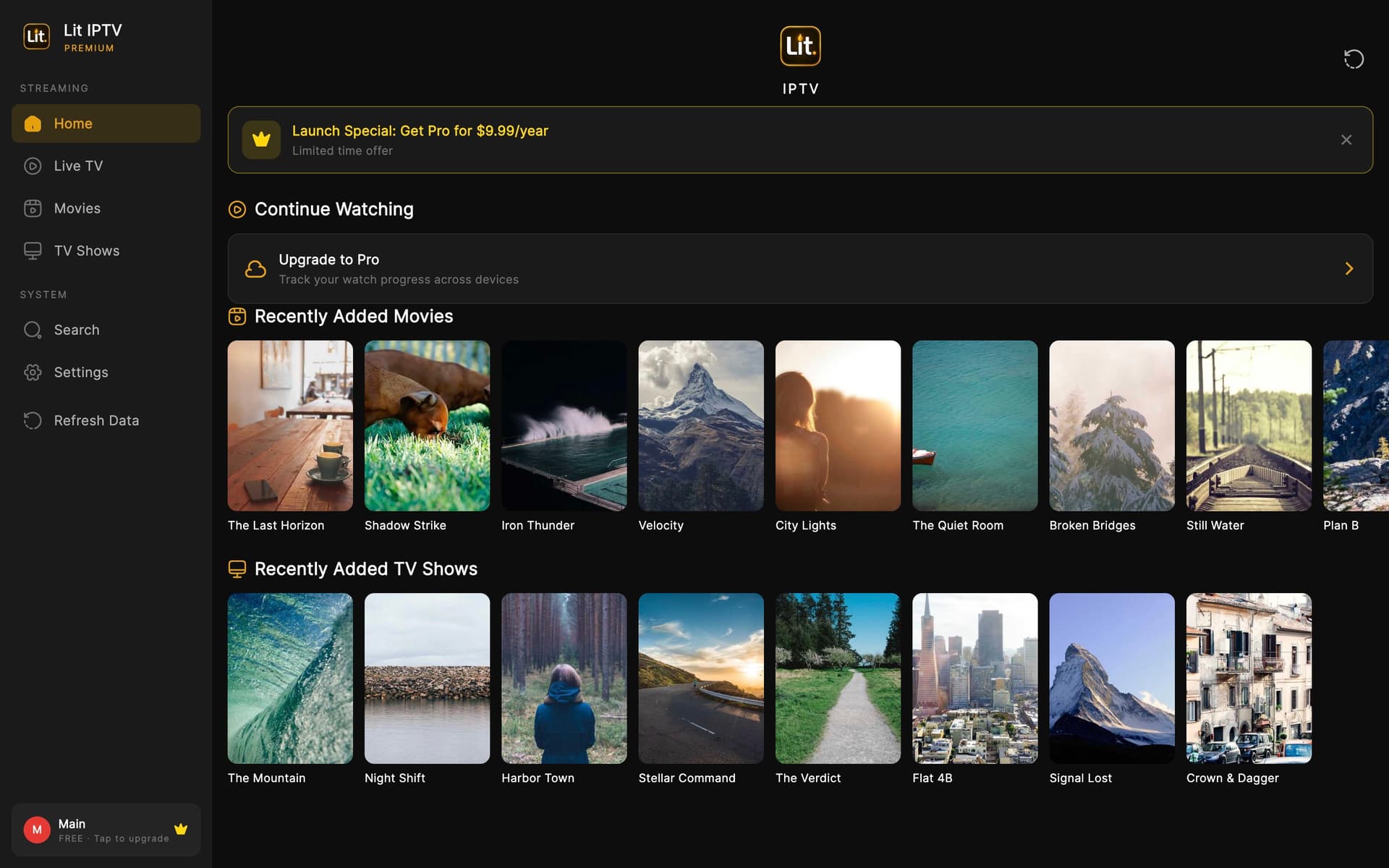 Lit IPTV on Mac - home screen with movies and TV shows