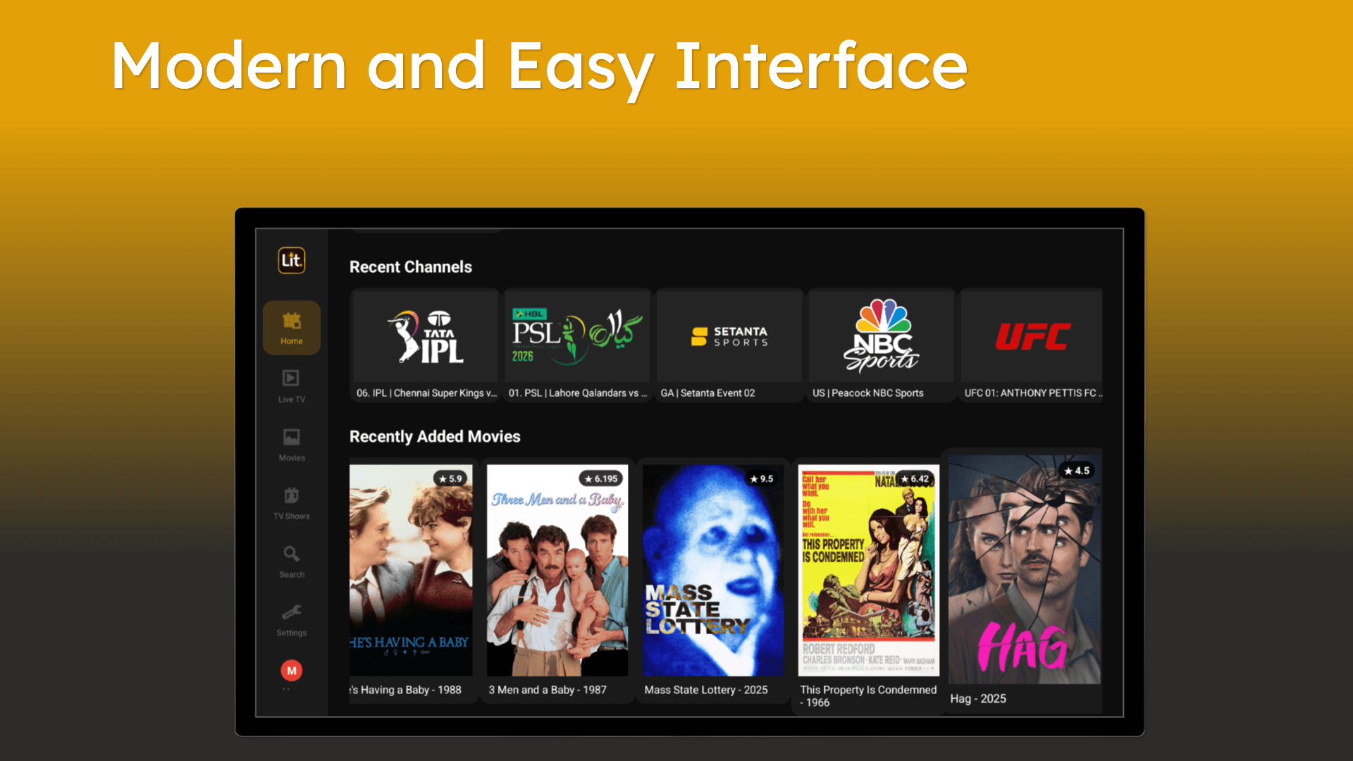Lit IPTV on Android TV - home screen with channels and movies